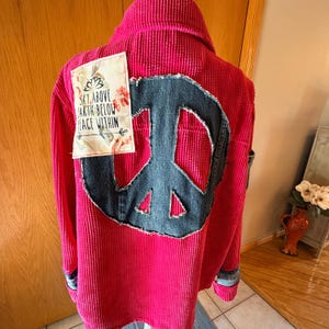 Upcycled Hot Pink Corduroy Shacket Size Large | Denim Peace Sign Boho Jacket | Peace Sign Statement Shirt Jacket
