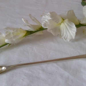 May include: A silver serving spoon with a decorative, bird-like handle. The spoon is long and slender, with a rounded bowl. The spoon is lying on a white fabric surface.