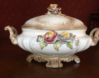 French Vintage Flore Floral Tureen Vintage Tureen Antique Soup Bowl Blue Soup Server Soup Dish Vintage Sarreguemines Soup Tureen
