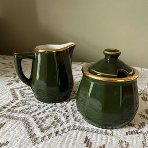 French Apilco Green and Gold Milk/cream jug and lidded sugar bowl
