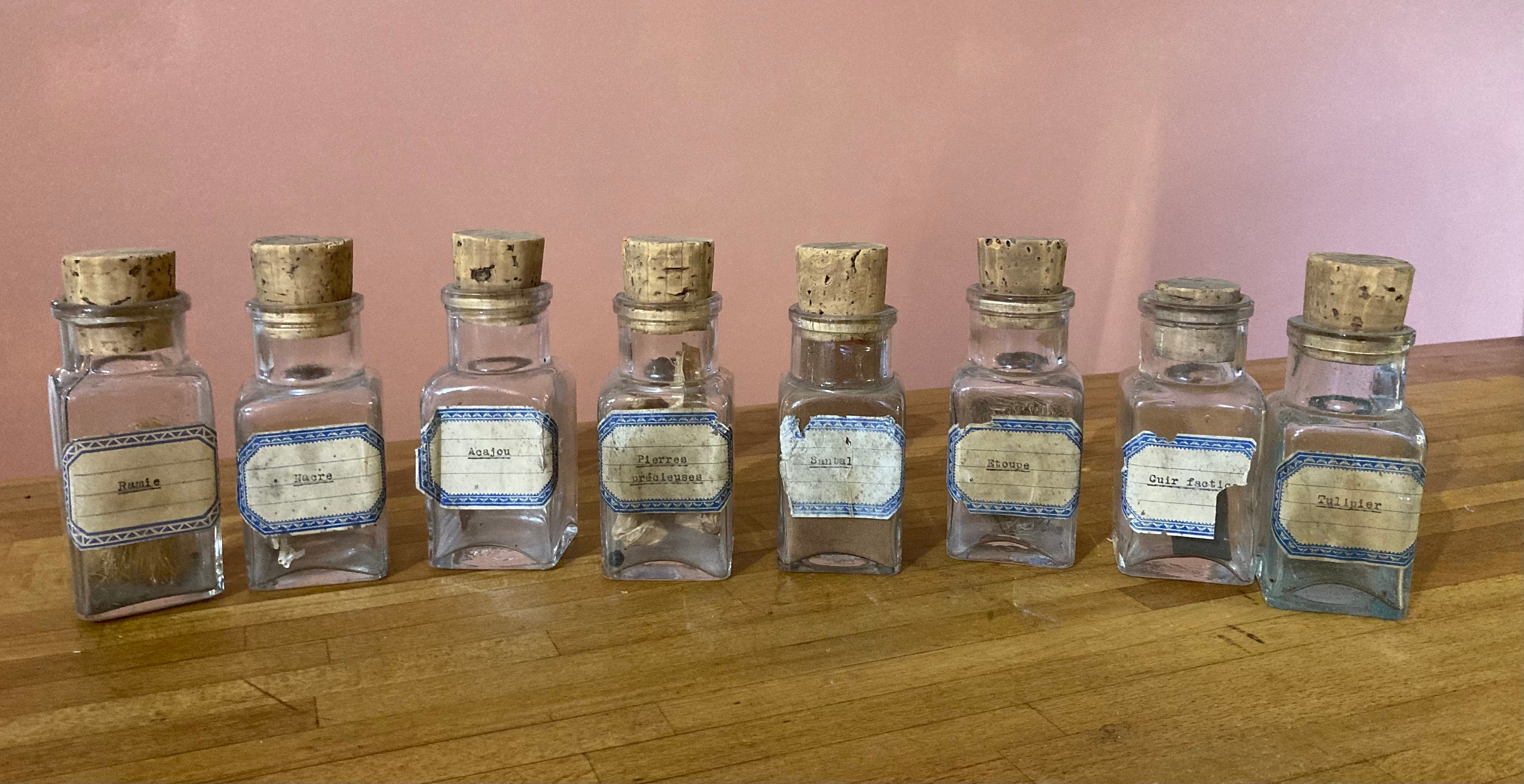 French Vintage Apothecary Chemical Bottles with Cork stopper. French labels and the contents are still in there!