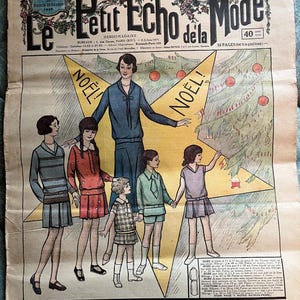 May include: A vintage French fashion magazine cover with an illustration of children and adults around a Christmas tree. The title "Le Petit Echo de la Mode" is displayed, with the word "NOËL" in a star. The magazine is dated December 28, 1930.