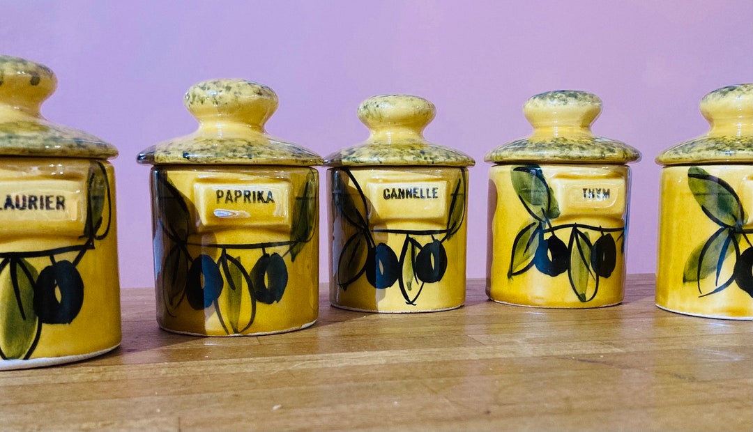 Vintage French Vallauris Spice Pots Set of 6 Ceramic Handpainted