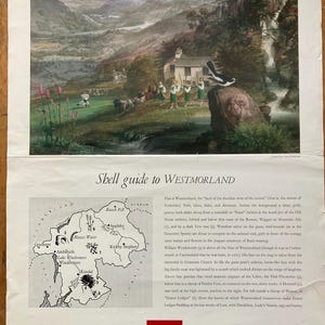 Może przedstawiać: Winietkowy plakat podróżniczy dla benzyny Shell przedstawiający malowniczy krajobraz Westmorland w Anglii. Plakat zawiera mapę regionu, opis obszaru oraz logo Shell z hasłem "The Key to the Countryside".