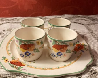 Fabulous 1930s Lawleys of Regent Street, London hand painted egg cup set, four egg cups on their own plate