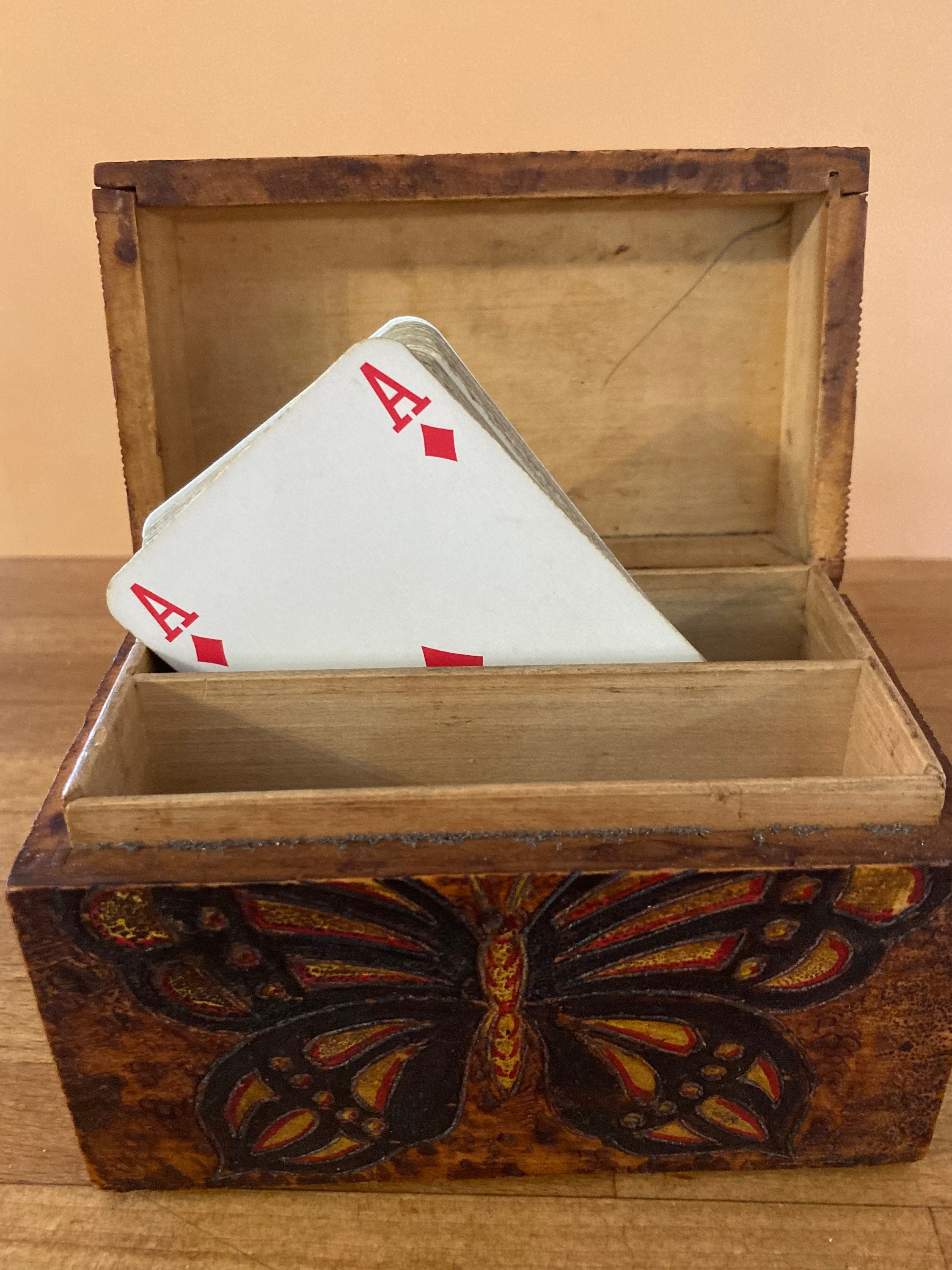 Vintage Wooden Playing Card Box 