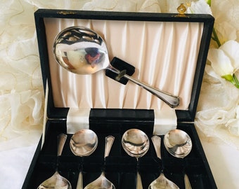 Vintage Set of 6 piece Desert  Cutlery - Spoons and Serving Spoon - Silver Plated ~ Boxed