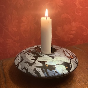 Funky grey, black and gold disc shaped candle holder