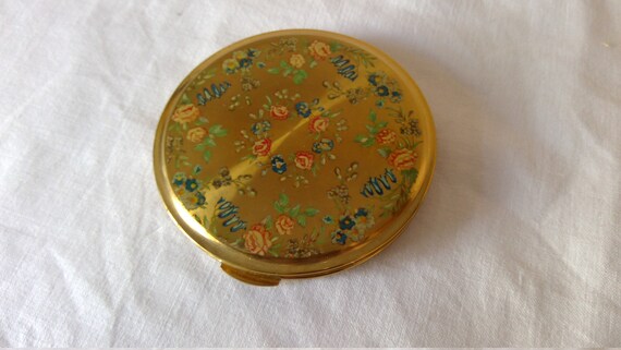 Mimosa Powder Compact: Gold Floral Design, Unused Condition