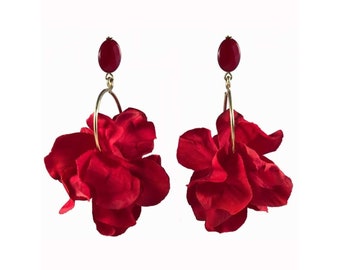 Red extra large flower hoop earrings, Flamenco accessories, Statement jewels, Gift for her