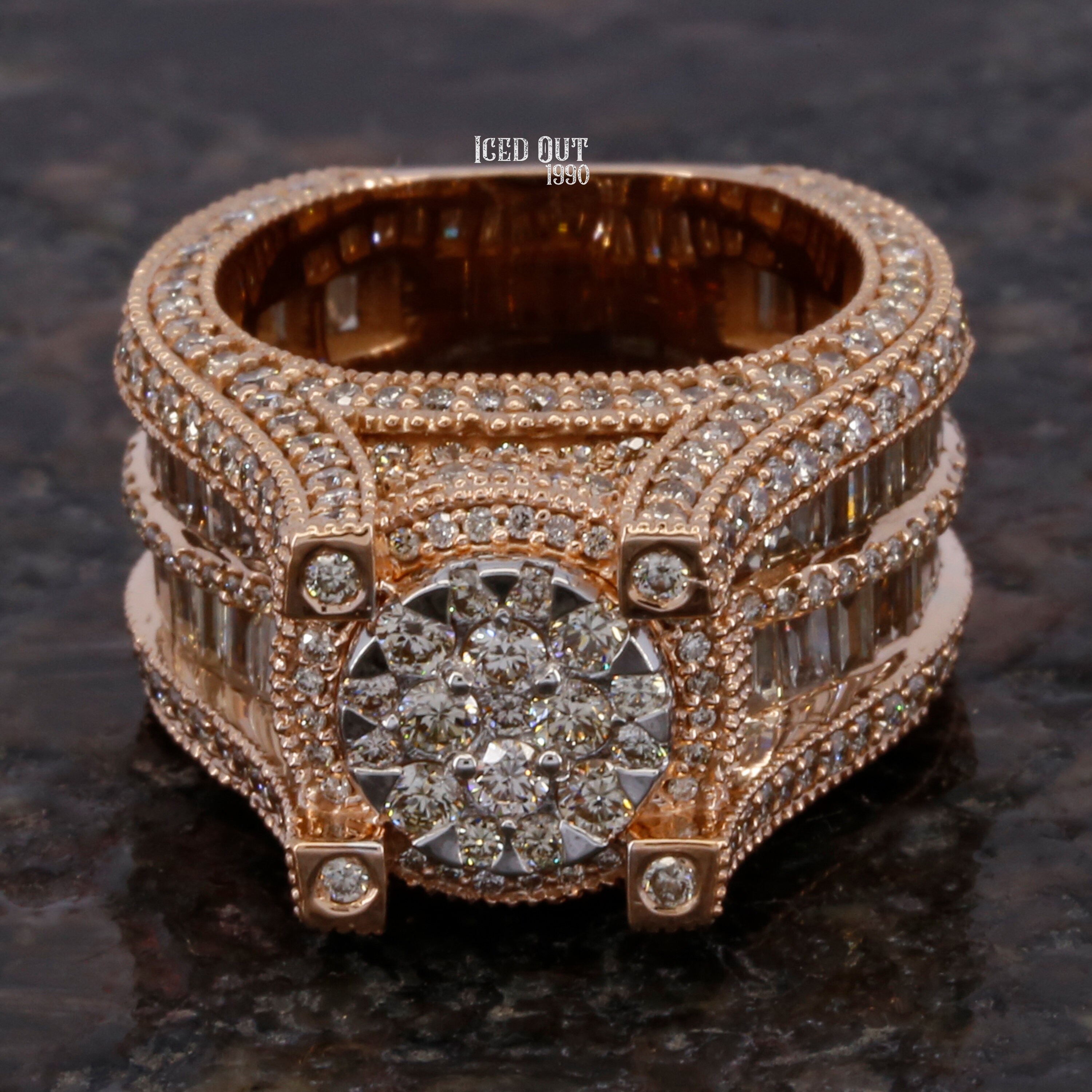 Rose Gold Iced Out Round Diamond Ring 