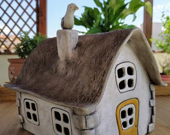 Handmade Clay House/Decor Home/House Sculpture/Air Dry Clay/Handmade clay house/Ceramic/Decoration/Art/Candle-Lamp/Clay Lamp/Decor