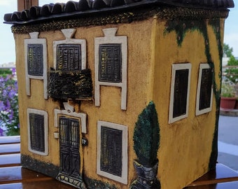 Griechisches Keramikhaus/Lufttrockener Ton Wohndekor/Handgemachtes griechisches Tonhaus/Skulptur/Ionisches Keramikhaus/Handarbeit/Home - Bürodekoration