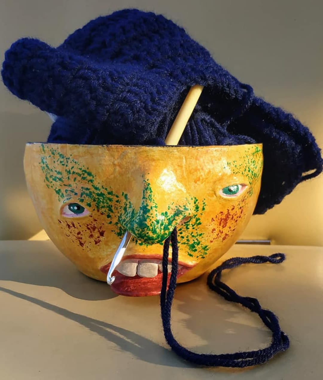 Handmade Yellow Face Yarn Bowl/knitting Bowl/air Dry Clay Bowl/knitting