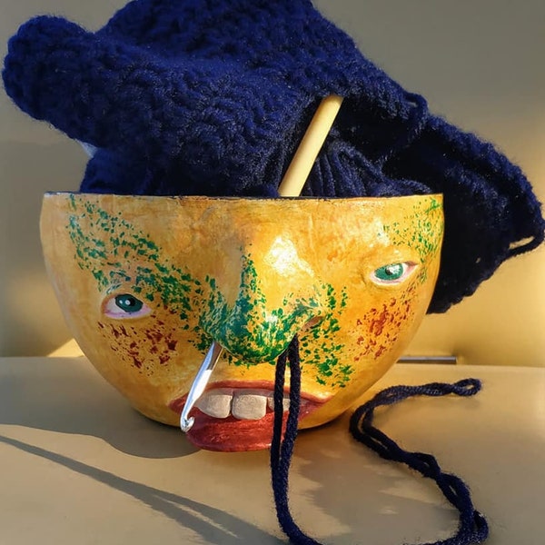 Handmade yellow face yarn bowl/Knitting bowl/Air dry Clay bowl/Knitting supplies/Funny Face Ceramic bowl