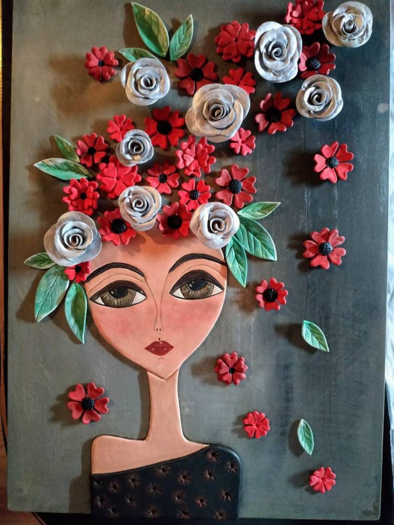 Flower Girl/Air Dry Clay/Wall Hanging/Handmame Clay Girl/Handmade Clay Flowers/Home Decoration/Handmade Gift/Clay Wall Decor/Clay Sculptures image 3