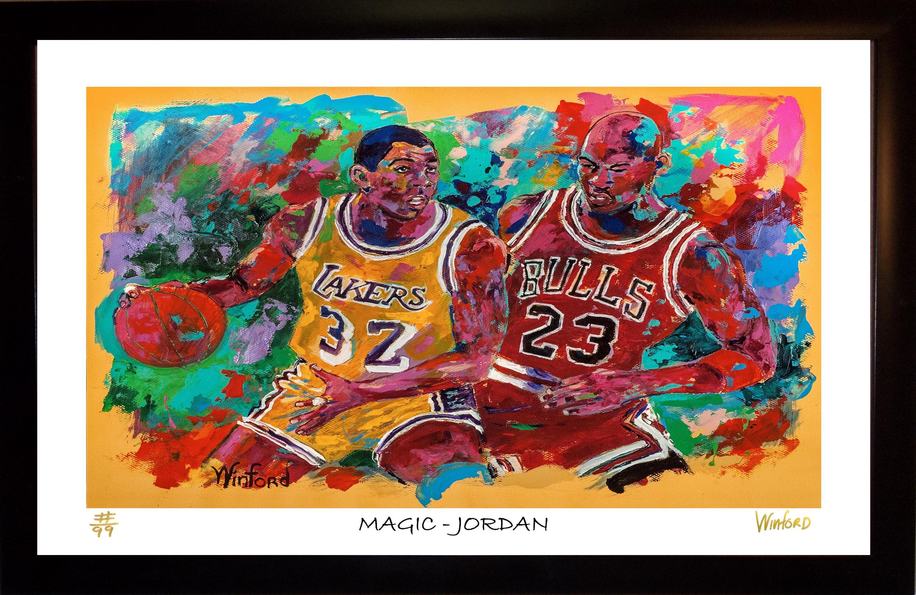 Michael Jordan & Magic Johnson Signed Artwork Print - Memorabilia