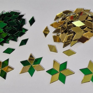 100 Pieces, Gold and Green Glass Mirror Tiles, Diamond shape, Size Approx 1 X 2 cm, Art&Craft