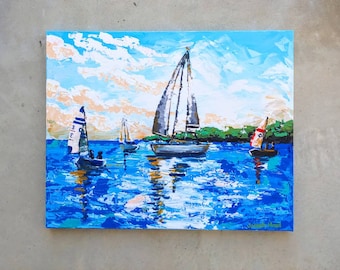 Original 24x30" Coastal Sail Boat Painting, Acrylic on Canvas, Abstract Palette Knife Painting, Coastal Wall Decor, Colorful Textured Art