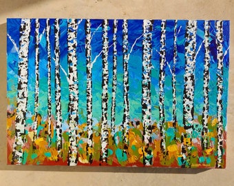 Original 24x36" Acrylic Birch Tree Painting, Colorful Abstract Palette Knife Painting, Contemporary Art, Wall Art Home Decor, Textured Art