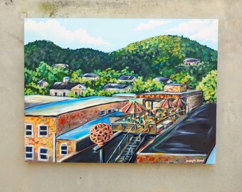 Pintura acrílica original de paisaje sobre lienzo de 76 x 101 cm del centro de Boone, Carolina del Norte. Decoración de pared de gran tamaño con diseño de casa de montaña. Pintura de pueblo de montaña.