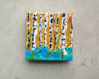 Original 6x6" Acrylic Birch Tree Painting, Mini Canvas Art Decor, Small Abstract Birch Tree Painting, Textured Birch Trees, Home Art Decor