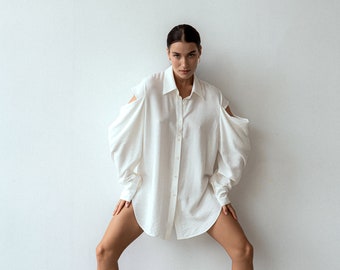 OVERSIZED WHITE SHIRT, beach cover up, white tunic, tunic top, button up shirt, summer tunic, long tunic, summer top, white blouse