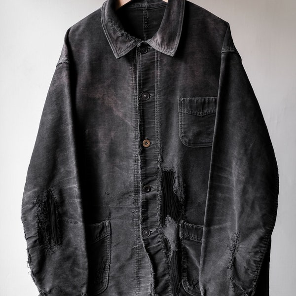 1950s French Vintage “Le Mont St Michel” Black Boro Moleskin Work Jacket