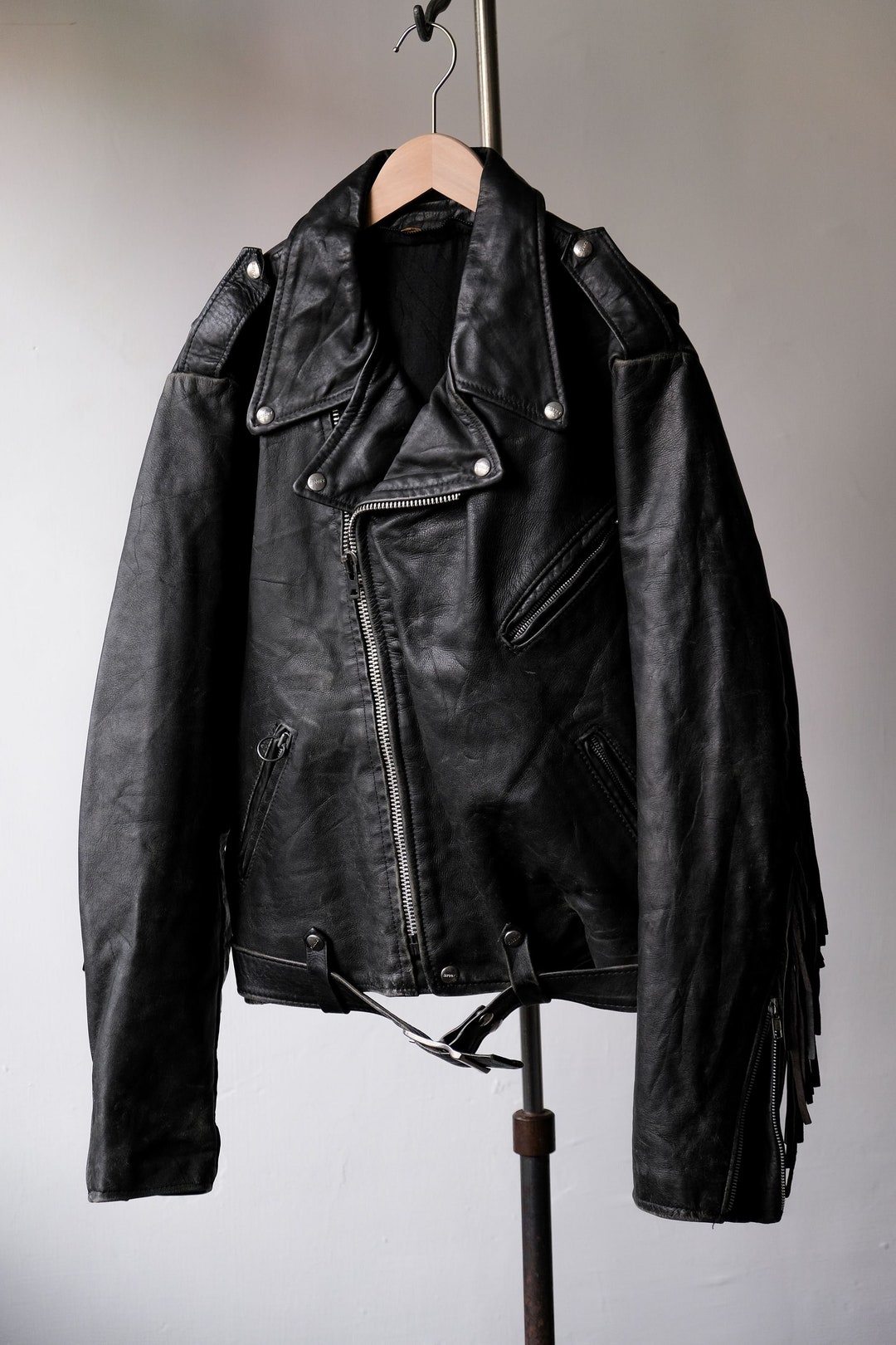 【80s】BROOKS Fringe Double Riders Jacket Vintage 80s Brooks Motorcycle Biker Leather Jacket Mens 42 W