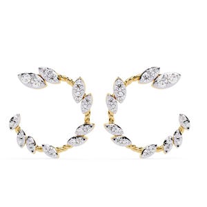 Moissanite Leaf Hoop Earrings: Sterling Silver Dainty Studs