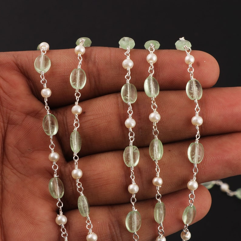 3-50 Feet Prehnite Hydro /& Pearl Beaded Oval Smooth Rosary Chain,6x7mm Silver Plated Chain,Bulk Roll Rosary Chain,Jewelry Making Chain Beads