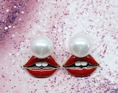 Red lips stud earrings in gold Pearl studs in sexy red mouth design Red lipstick mouth earrings Hot girlfriend gift Cool bff gift