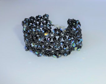 Wide bracelet floral pattern black, glass bead bracelet, gift for women