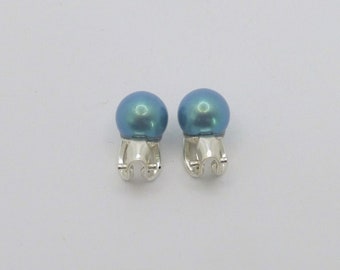 Beaded ear clips silver 925 with pearl 8 mm light blue