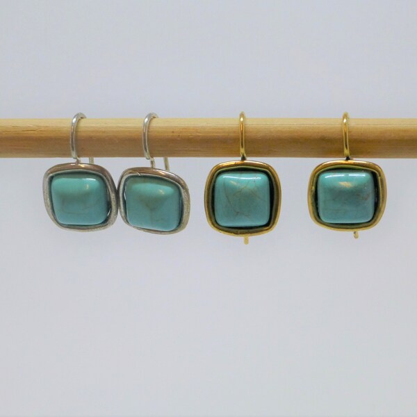 Earrings Square Howlith Turquoise Cabochon Silver Gold