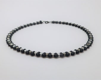 Necklace glass beads black-silver, glass bead necklace, gift for her