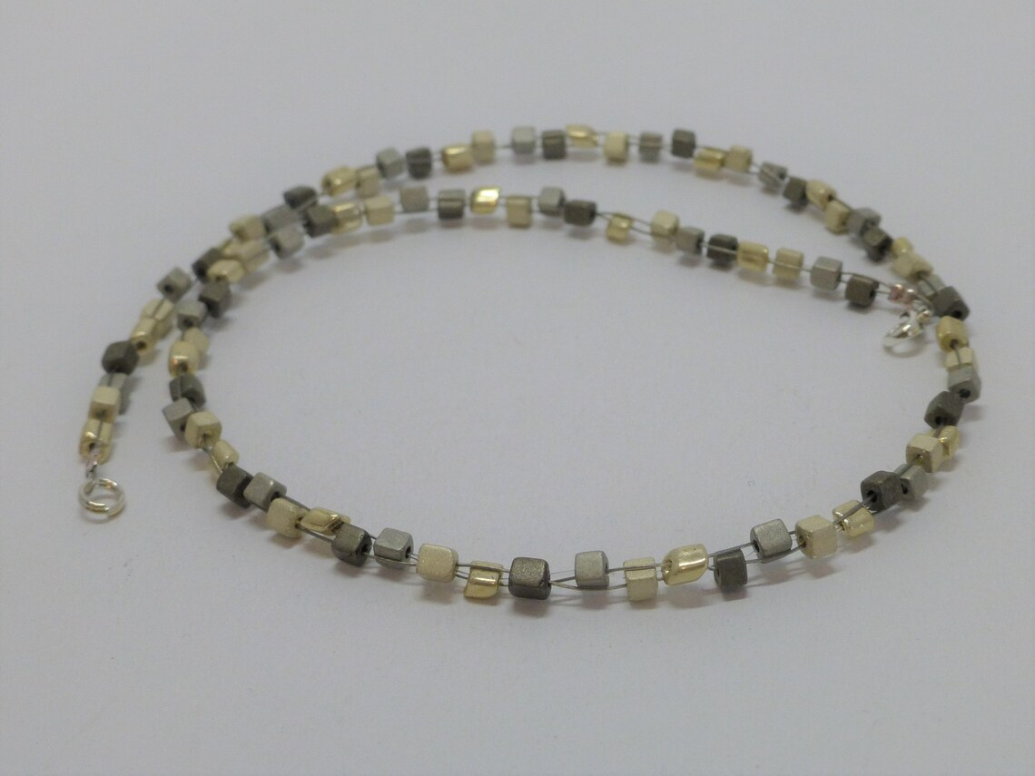 Necklace Silver Rectangular Block Silver Cube Grey Cord - Rancho main image 1