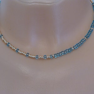 Delicate necklace bicolor blue rose gold with color gradient, glass pearl necklace