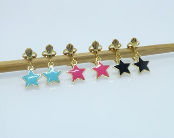 Clip-on earrings star enamel white black blue pink gold