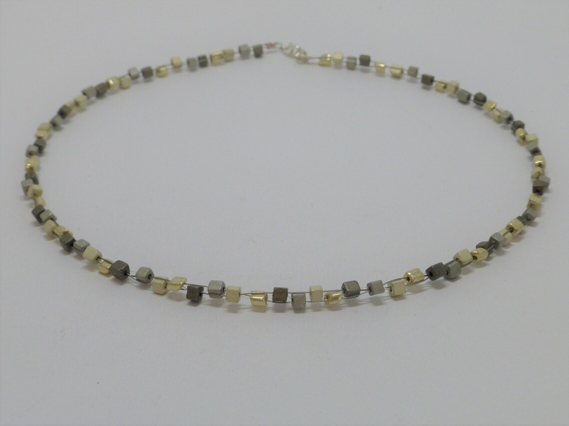 Necklace Silver Rectangular Block Silver Cube Grey Cord - Rancho