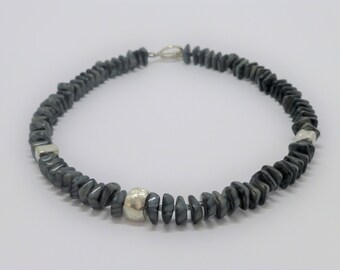 Necklace glass beads nuggets grey with silver, glass bead necklace, gift for her