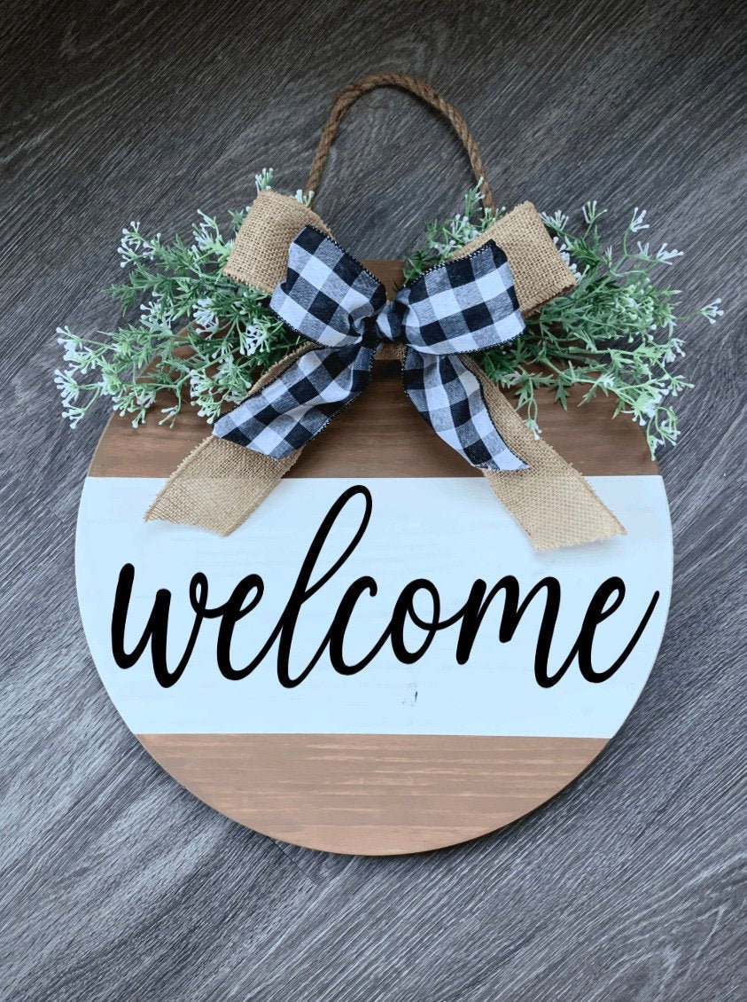 Round Wood Door Sign Front Door Decor Door Wreath Etsy