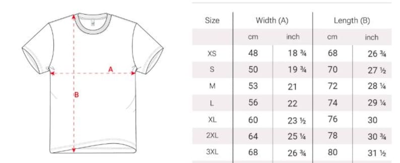以下が含まれることがあります： サイズチャート付きの白いTシャツ。XSから3XLまでの幅と長さの測定値をセンチメートルとインチで表示。幅の測定値は48cmから68cmです。