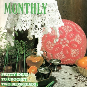Vintage 1985 ~ CROCHET MONTHLY No. 73 BEDSPREADS Filet Curtains Cushions Egg Cosies