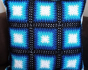 Blue Crochet Abstract Cushion, Afghan Pillow Cover, Gift Granny Square Couch Cushion,  Multicolor Boho Crochet Galaxy Pillows Patchwork