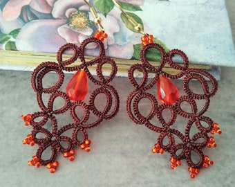 Sparkle red tatting earrings, Chandelier lace earrings, Bridesmaid tatted earrings, Filigree  Lightweight Ruby earrings, Frivolite Gift