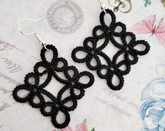 Classic black tatting earrings, Boho tatted earrings, gothic Dangle earrings, Vintage Chandelier lace earrings, Lightweight earrings