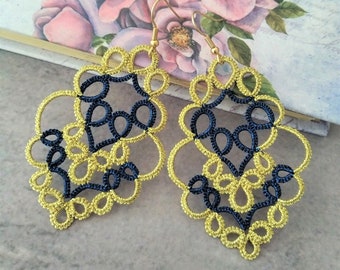 Gold Blue lace tatting Earrings, Dangle  Bohemian statement earrings, Vintage Chandelier tatted earrings, Orecchini boho gothic earrings