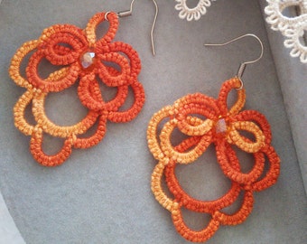 Orange fall tatting earrings, Melange lace earrings, Boho Vinous earrings, Chandelier Tatted earrings, Tangerine Crochet  Filigree earrings