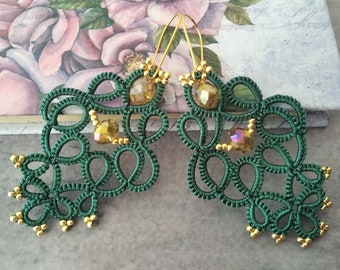Green sparkl lace earrings statement, Bohemian tatted earrings, Orecchini earrings, Vintage Chandelier earrings, Boho bright Dangle earrings